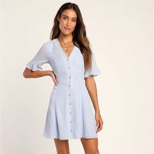 ✨ New With Tags — Lulus Castana Light Blue Print Button-Up Dress ✨